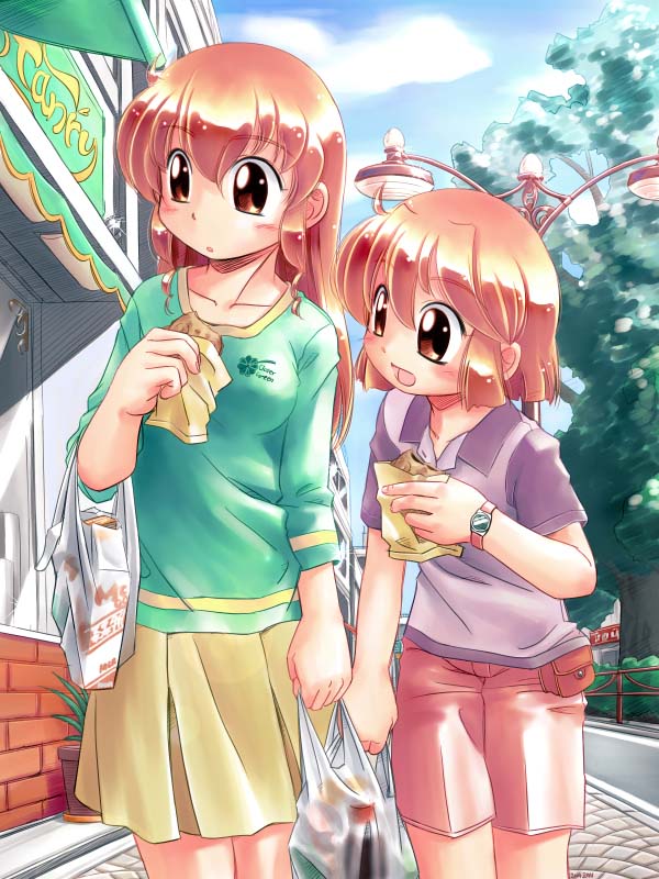 2girls breasts food medium_breasts multiple_girls original road siblings sisters skirt street taiyaki vanishing_point wagashi zan