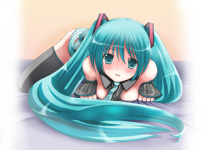 1girl blue_eyes blue_hair breasts breasts_outside hatsune_miku long_hair panties sawamura_nayu solo striped striped_panties thigh-highs twintails underwear very_long_hair vocaloid