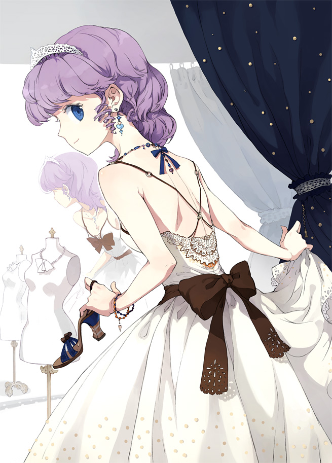 1girl bad_id bangs blue_eyes bow bracelet curly_hair curtains dj_max dj_max_portable dress drill_hair earrings eyelashes gown heart high_heels jewelry lace ladymade_star looking_back mannequin necklace original purple_hair ribbon seha shoes solo tiara tiv white_dress