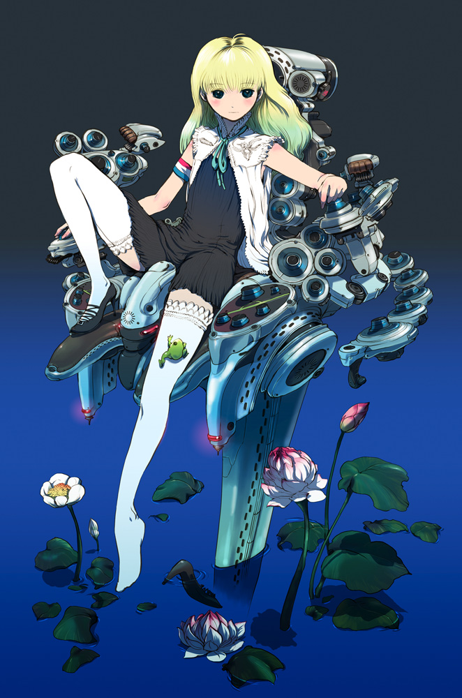 1girl armband black_shoes blonde_hair blush feet flower frog high_heels lace lace-trimmed_thighhighs legwear long_hair looking_at_viewer lotus mecha nagasawa_shin original shoes single_shoe sitting solo thigh-highs toe-point water white_legwear zettai_ryouiki