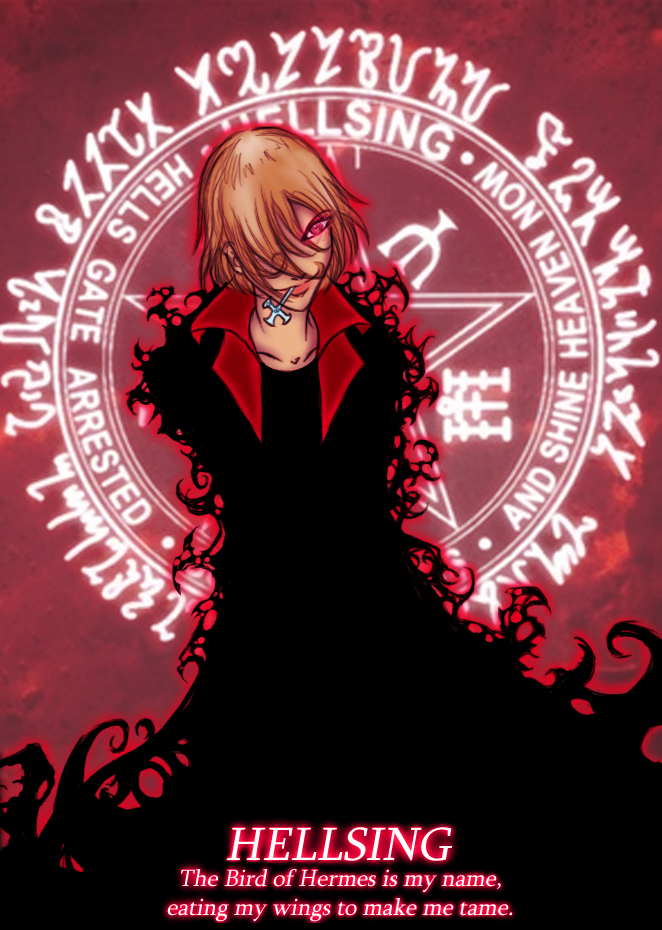 1girl blonde_hair cross dark darkness hellsing looking_at_viewer magic_circle monster red_eyes rhyme seras_victoria solo text