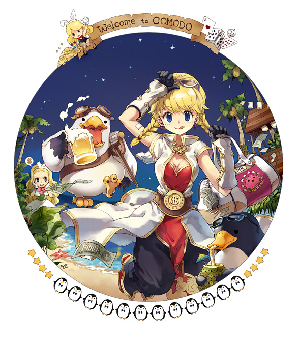 1girl alcohol bandaid beer bird blonde_hair blue_eyes braid champion earrings elbow_gloves gloves jewelry kachua monk monk_(ragnarok_online) penguin poring raggler ragnarok_online solo sunglasses tiv twin_braids twintails