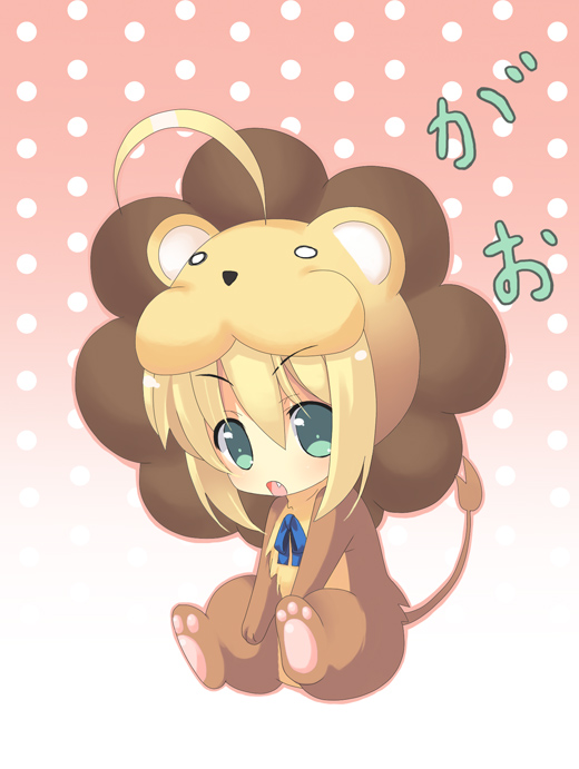 1girl ahoge blonde_hair chibi cosplay fate/stay_night fate/tiger_colosseum fate_(series) green_eyes lion saber saber_lion solo