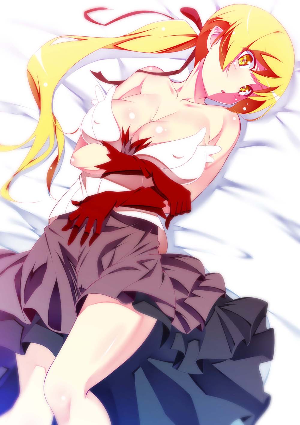1girl bare_shoulders bed_sheet blonde_hair blush breasts cleavage dress elbow_gloves erect_nipples gloves highres kiss-shot_acerola-orion_heart-under-blade kizumonogatari large_breasts long_hair looking_at_viewer lying monogatari_(series) on_back on_bed open_mouth shiny shiny_hair shiny_skin solo tanabe_kyou very_long_hair yellow_eyes