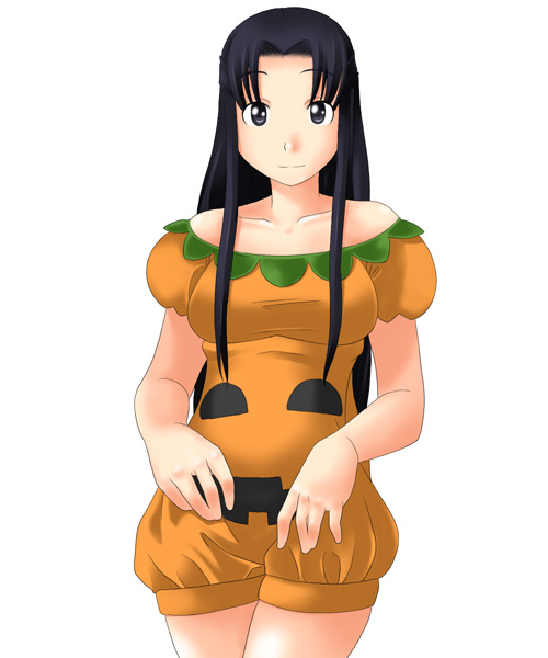 00s 1girl collarbone cowboy_shot dress food_print halloween hosokawa_kanako long_hair looking_at_viewer maria-sama_ga_miteru maria_sama off-shoulder_dress off_shoulder orange_dress puffy_short_sleeves puffy_sleeves pumpkin pumpkin_costume short_sleeves sidelocks simple_background solo toshifumi very_long_hair white_background