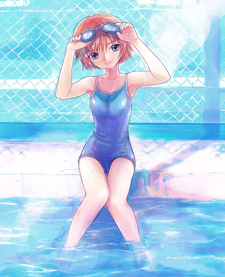 1girl armpits blue_eyes chain-link_fence feet_in_water fence flat_chest goggles goggles_on_head lens_flare one-piece_swimsuit orange_hair original osamu outdoors pool poolside redhead school_swimsuit short_hair sitting soaking_feet solo swimsuit water wet