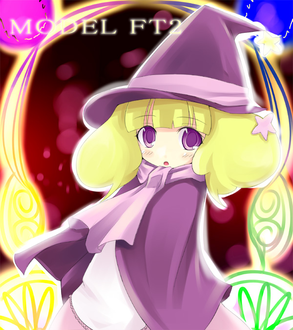1girl :o ascot bangs blunt_bangs capelet curly_hair drummania hat kuro_(be_ok) long_sleeves looking_at_viewer minitesu open_mouth purple_hair solo twintails upper_body witch witch_hat