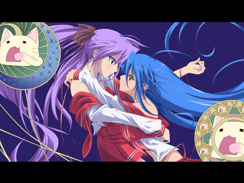 2girls blue_eyes blue_hair crossover eye_contact eyelashes green_eyes hair_ornament hair_ribbon hiiragi_kagami hug izumi_konata kannazuki_no_miko letterboxed long_hair looking_at_another lucky_star miko_embrace multiple_girls nyamou parody purple_hair ribbon school_uniform serafuku twintails very_long_hair wallpaper yuri