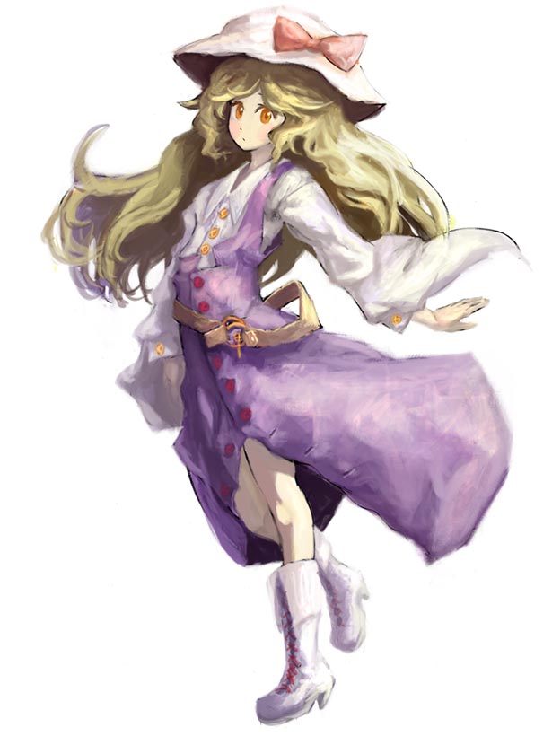1girl adapted_costume belt binayu boots buckle dress female full_body hat knee_boots long_sleeves looking_at_viewer purple_dress silent_sinner_in_blue simple_background solo standing sun_hat touhou watatsuki_no_toyohime white_background white_boots wide_sleeves