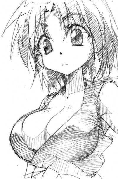1girl :&lt; breasts cleavage gofu large_breasts monochrome nagasarete_airantou rin_(nagasarete_airantou) sketch solo traditional_media