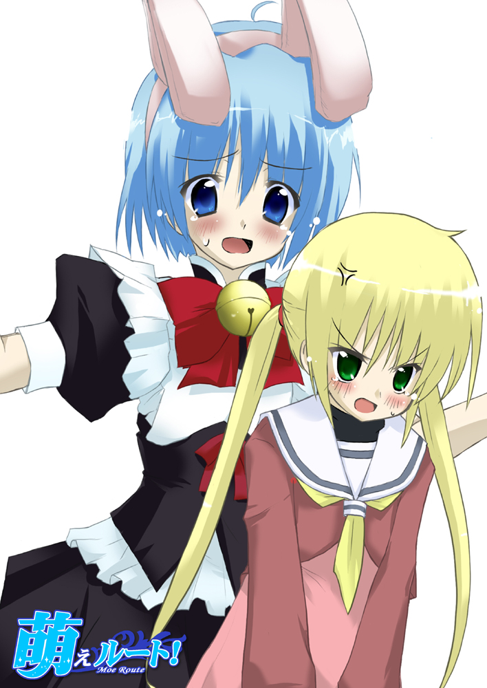 1boy 1girl ahoge anger_vein animal_ears ascot ayasaki_hayate bell blonde_hair blue_eyes blue_hair blush bow bowtie crossdressinging green_eyes hairband hayate_no_gotoku! jingle_bell long_sleeves maid maid_headdress minase_shuu puffy_short_sleeves puffy_sleeves rabbit_ears sanzen'in_nagi school_uniform serafuku short_sleeves sweatdrop tears twintails