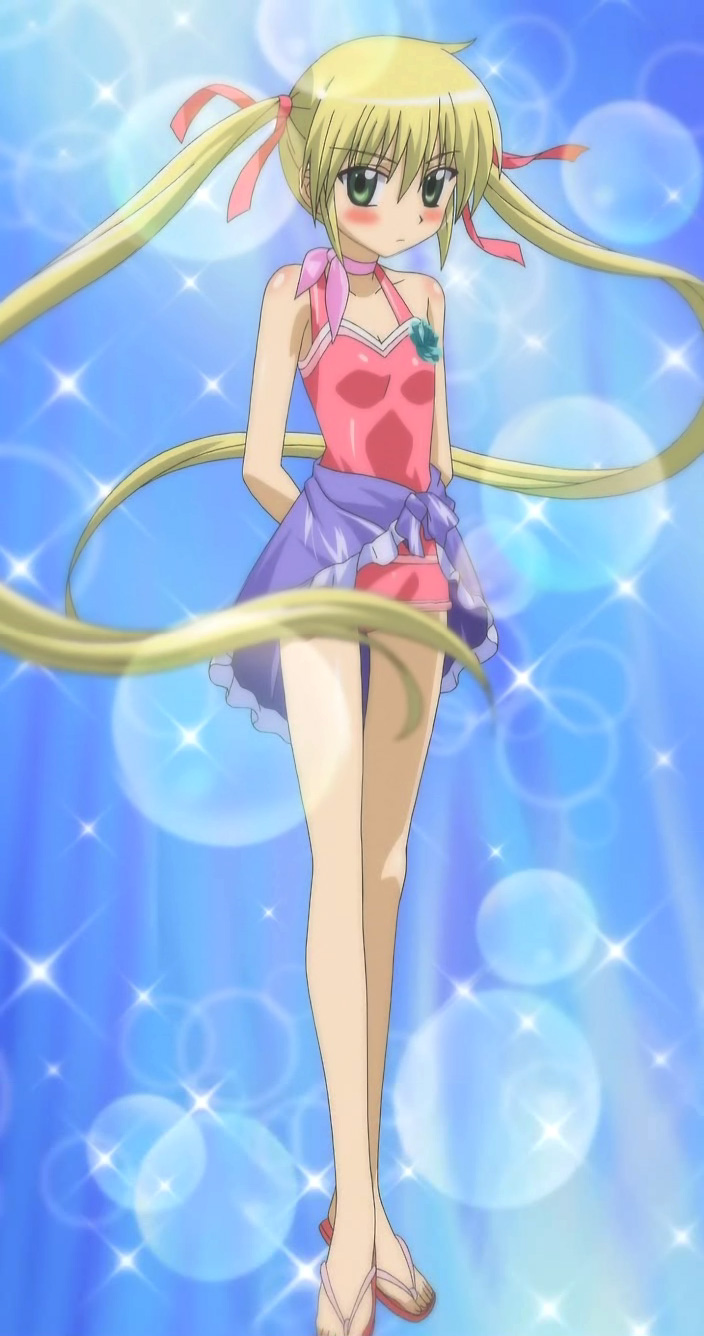 arms_behind_back blonde_hair blush casual_one-piece_swimsuit choker green_eyes hair_ribbon halterneck hayate_no_gotoku! highres lens_flare_abuse long_hair one-piece_swimsuit ribbon ribbon_choker sandals sanzen'in_nagi sarong screencap stitched swimsuit twintails