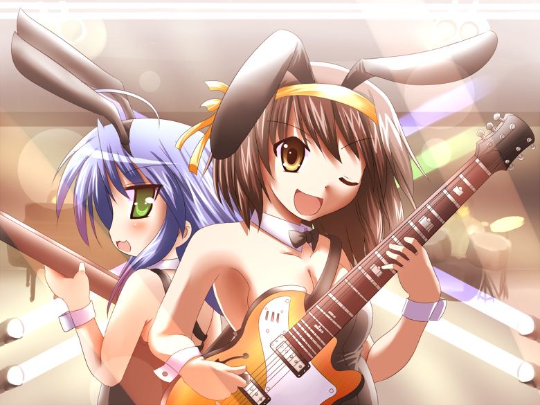 animal_ears brown_hair bunny_girl bunnysuit crossover guitar instrument izumi_konata lucky_star rabbit_ears short_hair suzumiya_haruhi suzumiya_haruhi_no_yuuutsu