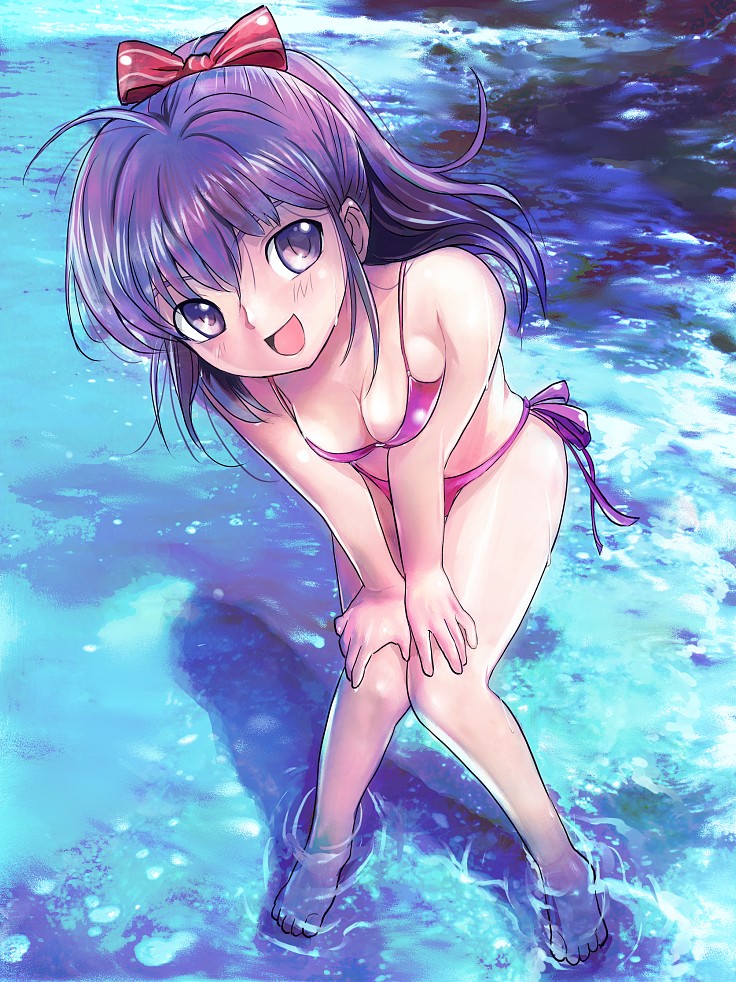1girl barefoot bent_over bikini knees_together_feet_apart leaning_forward legs long_hair open_mouth original osamu ponytail purple_hair solo submerged swimsuit violet_eyes wading water wet