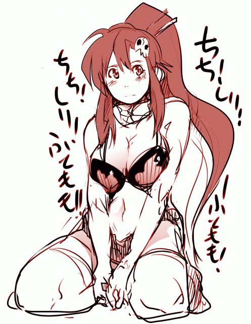 1girl :| bangs bikini_top blush breasts cleavage closed_mouth frown full_body hair_ornament hair_stick large_breasts long_hair midriff monochrome navel open_mouth ponytail redhead scarf shorts simple_background sitting sketch skull_hair_ornament solo tengen_toppa_gurren_lagann thigh-highs v_arms white_background yoko_littner