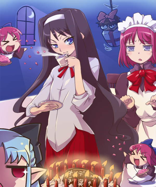 00s black_hair blue_hair cake food hairu hisui kohaku len maid pastry pointy_ears red_eyes ribbon tea tohno_akiha toono_shiki tsukihime