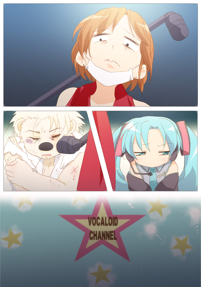 2girls brown_hair closed_eyes crazy_eyes crossover detached_sleeves evil_smile face golf_club grin hatsune_miku long_hair looking_at_viewer lucky_channel lucky_star meiko morihama_karute multiple_girls parody polar_bear_chaos shaded_face smile star upper_body vocaloid wide-eyed wince