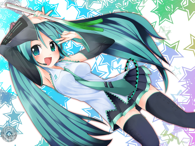 1girl aqua_eyes aqua_hair aqua_necktie boots detached_sleeves hatsune_miku headphones long_hair misaki_takahiro necktie skirt solo spring_onion star thigh-highs thigh_boots twintails very_long_hair vocaloid zettai_ryouiki