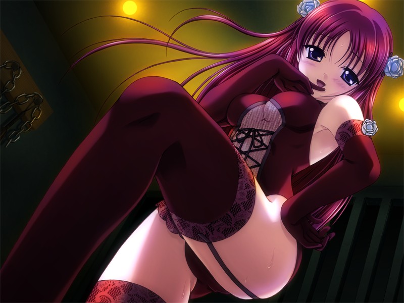 1girl bdsm blue_eyes breasts da_capo da_capo_i dominatrix elbow_gloves femdom flower game_cg garter_straps gloves lace lace-trimmed_thighhighs long_hair looking_at_viewer open_mouth red_leather redhead rose shirakawa_kotori solo thigh-highs under_boob