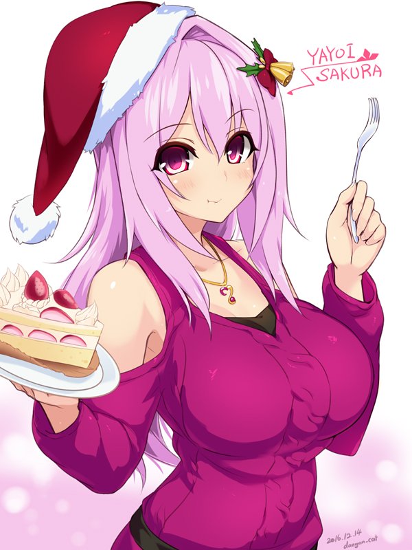 1girl :t artist_name blush borrowed_character breasts cake character_name cu-no dangan_neko dated eating eyebrows_visible_through_hair food hair_between_eyes hat heart heart_necklace holding holding_fork holding_plate jewelry large_breasts long_hair looking_at_viewer necklace plate purple_hair purple_sweater santa_hat signature solo upper_body violet_eyes yayoi_sakura