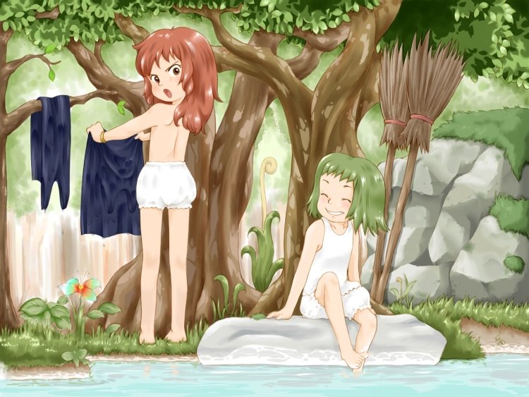 angry barefoot bloomers broom child feet_in_water flower ohyo soaking_feet tree underwear water witch