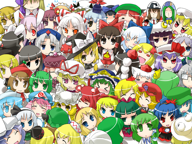 &gt;_&lt; 6+girls aki_minoriko aki_shizuha alice_margatroid animal_ears antennae black_eyes black_hair blonde_hair blue_eyes blue_hair blush bow brown_eyes brown_hair cat_ears chen chibi cirno closed_eyes daiyousei everyone fang female flandre_scarlet frog_hair_ornament front_ponytail fujiwara_no_mokou gengorou ghostly_field_club green_eyes green_hair grey_hair hair_bobbles hair_bow hair_ornament hakurei_reimu hat hat_ribbon hieda_no_akyuu hong_meiling houraisan_kaguya ibuki_suika inaba_tewi inubashiri_momiji izayoi_sakuya kagiyama_hina kamishirasawa_keine kawashiro_nitori kazami_yuuka kirisame_marisa koakuma kochiya_sanae konpaku_youmu konpaku_youmu_(ghost) leaf leaf_on_head letty_whiterock lily_black lily_white long_hair looking_at_viewer luna_child lunasa_prismriver lyrica_prismriver maribel_hearn medicine_melancholy merlin_prismriver mima morichika_rinnosuke moriya_suwako multiple_girls mystia_lorelei object_on_head onozuka_komachi open_mouth orange_eyes patchouli_knowledge perfect_memento_in_strict_sense pink_hair pom_pom_(clothes) purple_hair rabbit_ears red_eyes redhead reisen_udongein_inaba remilia_scarlet ribbon rumia saigyouji_yuyuko shameimaru_aya shiki_eiki short_hair siblings sisters smile star_sapphire sunny_milk tears tokin_hat touhou triangular_headpiece twintails usami_renko violet_eyes white_hair witch_hat wriggle_nightbug yagokoro_eirin yakumo_ran yakumo_yukari yasaka_kanako yellow_eyes youkai