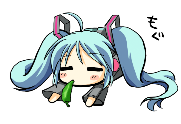 &gt;_&lt; 1girl :d ahoge animated animated_gif aqua_hair blush_stickers chibi chili closed_eyes eating ebisu_senri fire habanero habanero_(chili) hatsune_miku long_hair lying on_stomach open_mouth smile solo spicy twintails very_long_hair vocaloid xd
