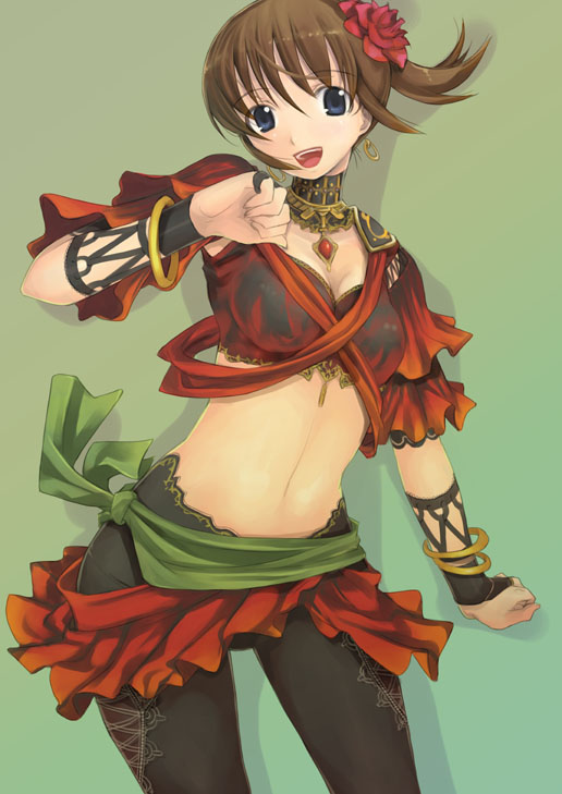 1girl bangle bracelet breasts brown_hair dancer earrings final_fantasy final_fantasy_xi gradient gradient_background green_background hume jewelry large_breasts lots_of_jewelry midriff mikazuki_akira! navel original solo