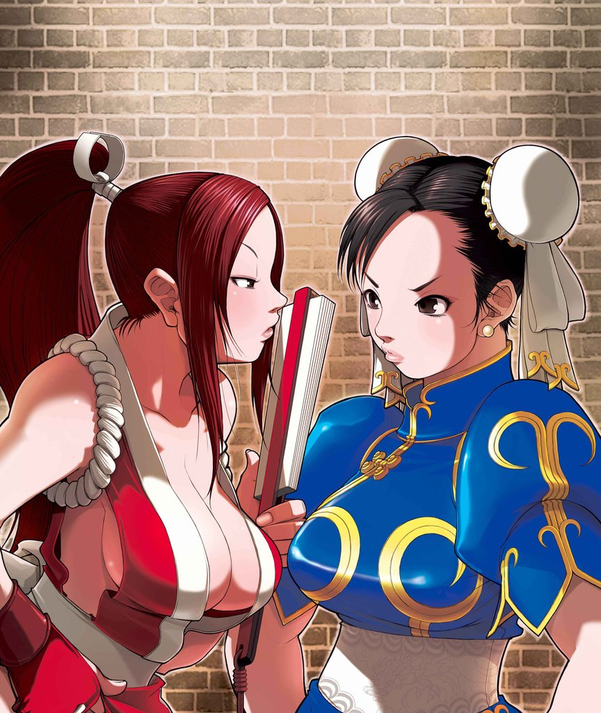 2girls bare_shoulders black_eyes black_hair breasts brown_hair bun_cover capcom china_dress chinese_clothes chun-li cleavage closed_fan confrontation double_bun dress earrings eye_contact eyeshadow falcoon fan fatal_fury folding_fan jewelry king_of_fighters large_breasts lips long_hair looking_at_another makeup multiple_girls no_bra ponytail redhead rope shiranui_mai sideboob snk street_fighter the_king_of_fighters