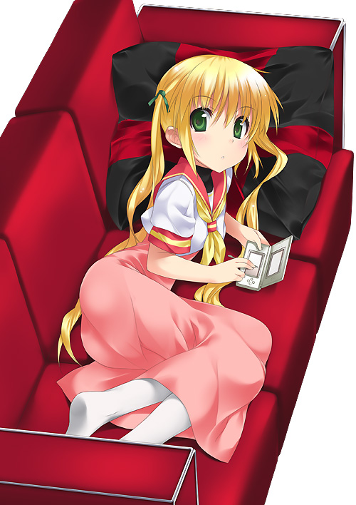 1girl blonde_hair couch feet from_above green_eyes handheld_game_console hayate_no_gotoku! looking_at_viewer lying mizuki_makoto nintendo_ds on_side pillow playing_games red_upholstery sanzen'in_nagi school_uniform serafuku simple_background solo staring twintails video_game