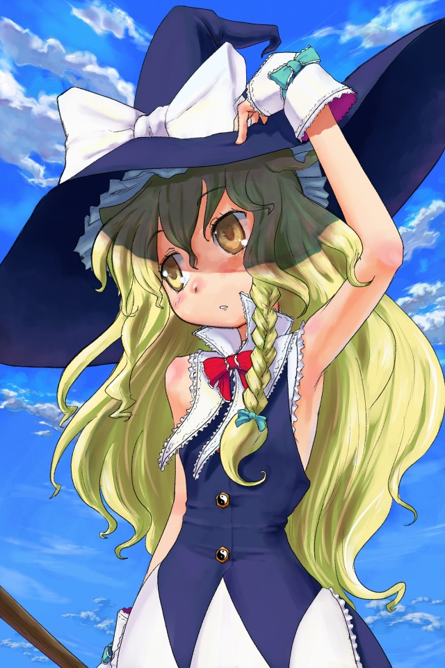 1girl :o arm_at_side arm_up armpits bangs blonde_hair blue_sky blush bow braid buttons clouds daizan_(mount_position) dress eyebrows eyebrows_visible_through_hair eyelashes female frills hair_between_eyes hair_bow hand_on_headwear hat hat_bow head_tilt holding kirisame_marisa long_hair looking_away looking_to_the_side outdoors red_bow shade single_braid sky sleeveless solo touhou upper_body white_apron white_bow witch witch_hat wrist_cuffs