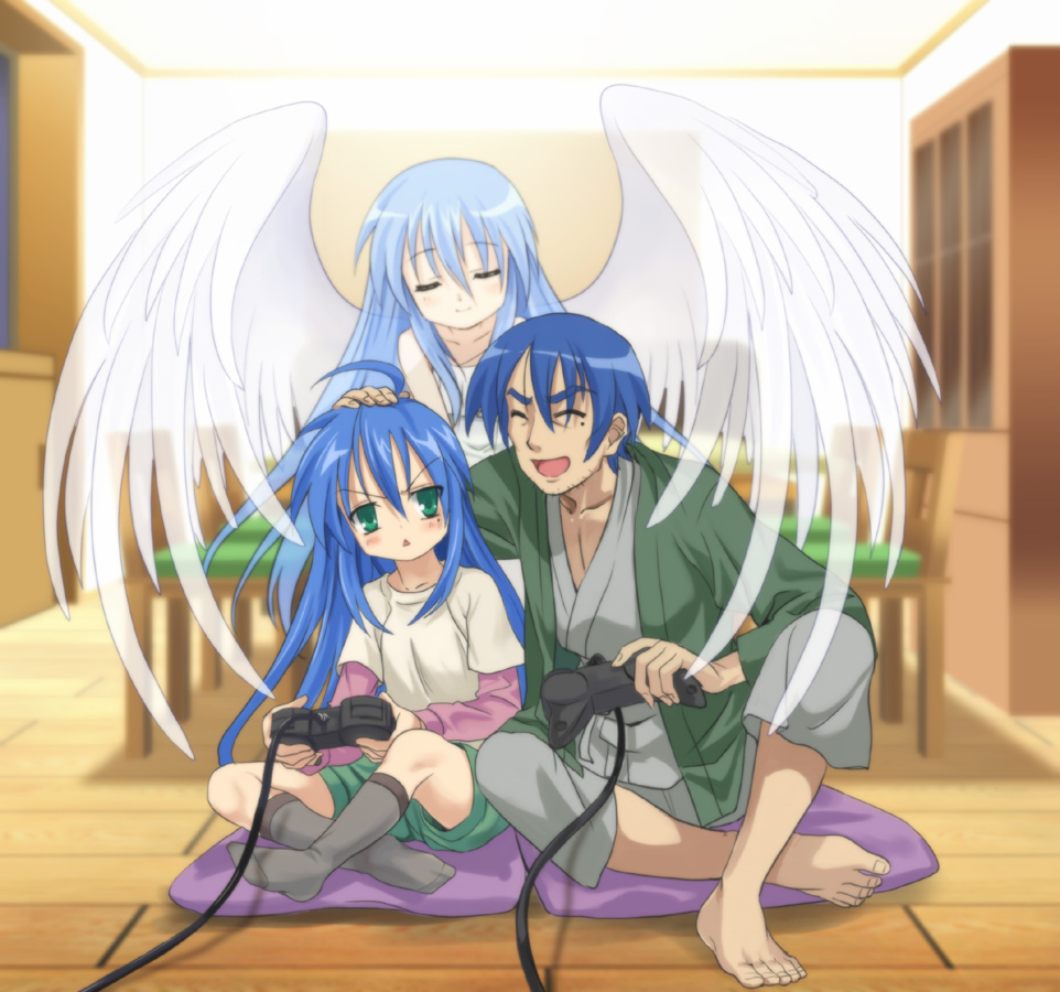 1boy 2girls age_difference ahoge angel angel_wings barefoot closed_eyes family father_and_daughter footwear game_console green_eyes hand_on_head izumi_kanata izumi_konata izumi_soujirou lucky_star mole mother_and_daughter multiple_girls mutsuki_(moonknives) open_mouth playing_games playstation playstation_2 smile socks sony video_game wings
