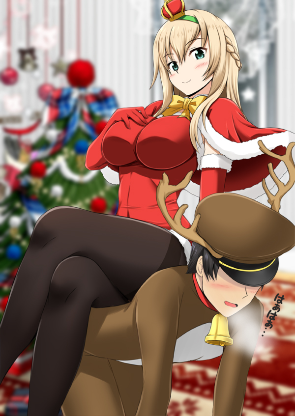 1boy 1girl :d all_fours alternate_costume animal_costume antlers bell black_legwear blonde_hair bodysuit braid breasts capelet christmas_tree commentary_request crown dress elbow_gloves femdom french_braid fuuma_nagi gloves green_eyes hairband hand_on_own_chest hat human_chair human_furniture kantai_collection large_breasts legs legs_crossed long_hair looking_at_viewer mini_crown open_mouth pantyhose red_dress red_gloves reindeer_costume revision santa_costume sitting sitting_on_person smile thighband_pantyhose thighs warspite_(kantai_collection)