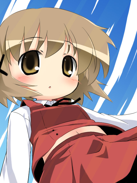 1girl blush brown_eyes brown_hair hair_ornament hairclip hidamari_sketch izuno_kenta long_sleeves looking_at_viewer navel open_mouth school_uniform short_hair skirt solo yuno