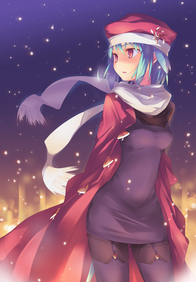 1girl blue_hair christmas coat dress garter_straps hat nanakusa original pantyhose red_eyes scarf short_hair snow snowing solo thigh-highs thighhighs_over_pantyhose white_scarf
