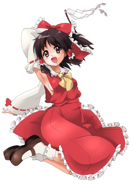 1girl armpits ascot black_hair blush bobby_socks bow breasts brown_eyes brown_shoes detached_sleeves female frilled_skirt frills full_body gohei hair_bow hair_tubes hakurei_reimu looking_at_viewer open_mouth red_bow red_skirt ribbon-trimmed_sleeves ribbon_trim shide shoes side_ponytail sideboob simple_background skirt skirt_set smile socks solo touhou vest white_background white_legwear