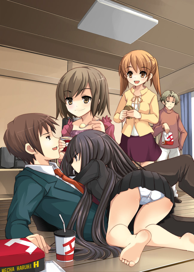 2boys 3girls bad_anatomy bad_feet barefoot feet fujiwara_(shny) fujiwara_(suzumiya_haruhi) harem kyon long_hair multiple_boys multiple_girls panties poorly_drawn sasaki sasaki_(suzumiya_haruhi) suou_kuyou suzumiya_haruhi_no_yuuutsu tachibana_kyouko underwear very_long_hair yuuji