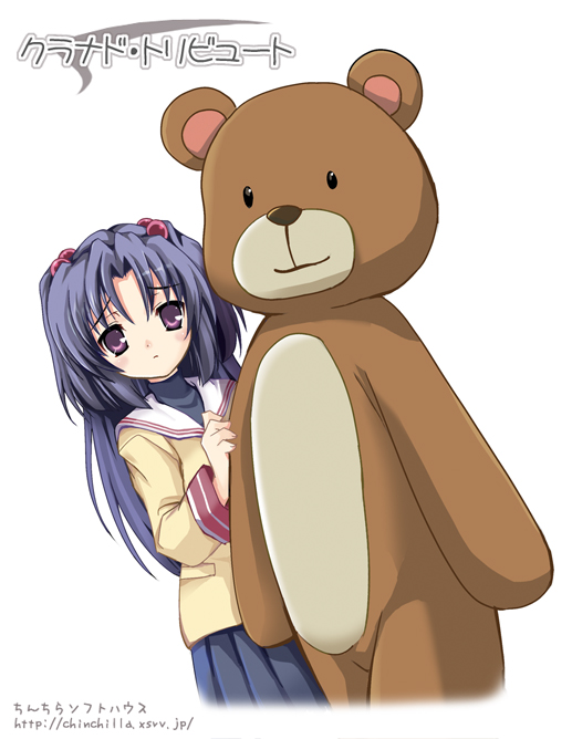 1girl animal_costume bangs bear_costume clannad dutch_angle hair_bobbles hair_ornament hiding ichinose_kotomi long_hair looking_at_viewer oversized_object parted_bangs peeking_out purple_hair school_uniform shy simple_background sleeve_cuffs tomusooya two_side_up very_long_hair white_background