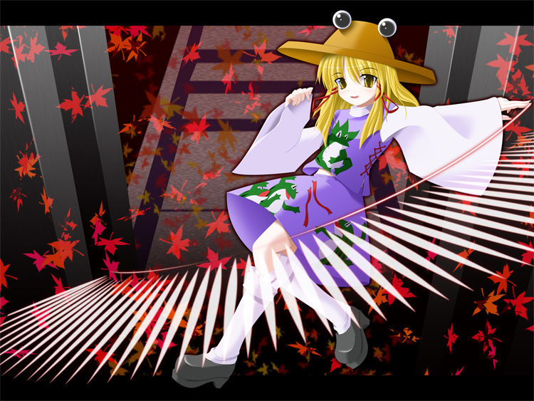 1girl :d autumn_leaves blonde_hair extra_eyes female frog_print full_body hat kneehighs loafers long_sleeves looking_at_viewer magic moriya_suwako open_mouth shoes side_b smile solo stairs sweater touhou white_legwear