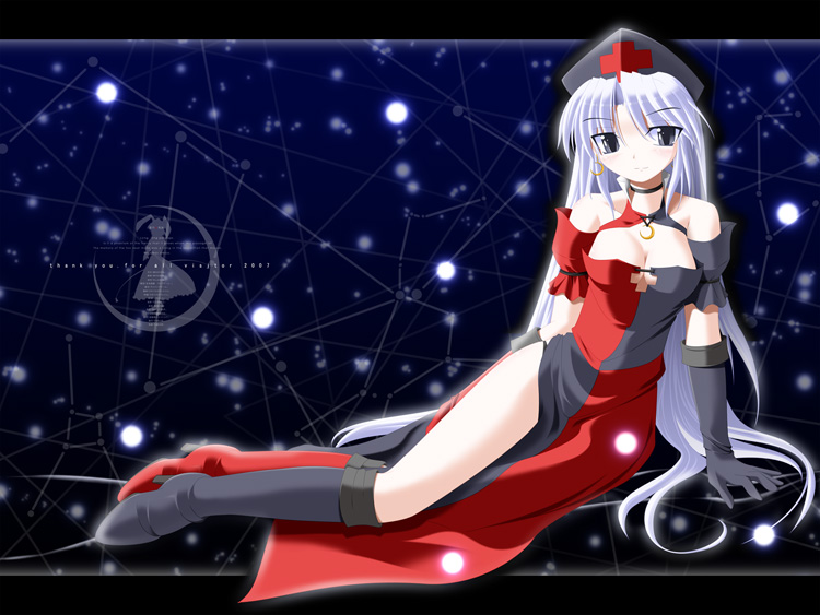1girl adapted_costume arm_support bangs bare_shoulders black_boots black_eyes boots breasts cleavage constellation dress earrings eyebrows eyebrows_visible_through_hair female hat jewelry long_hair lying mismatched_footwear nurse_cap red_boots side_b side_slit solo touhou very_long_hair white_hair yagokoro_eirin