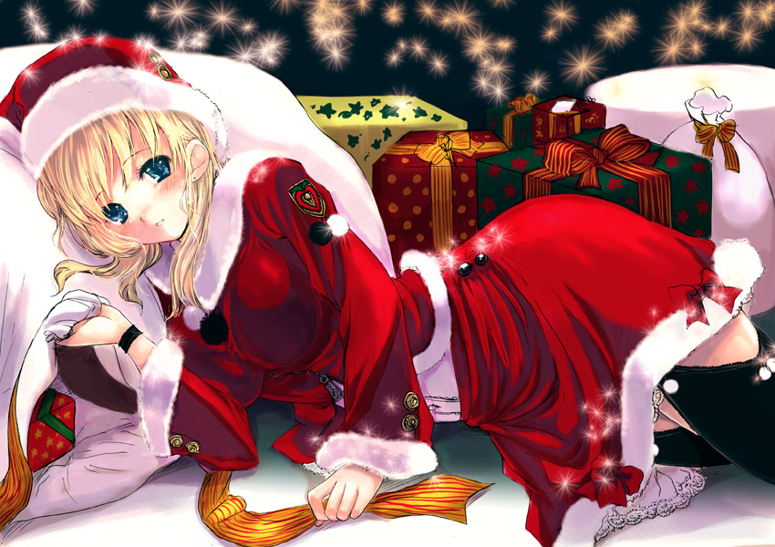 1girl black_legwear blonde_hair blue_eyes blush christmas ear_studs earrings gift hat jewelry long_hair looking_at_viewer lying mikazukimo on_side sack santa_costume santa_hat solo stud_earrings thigh-highs