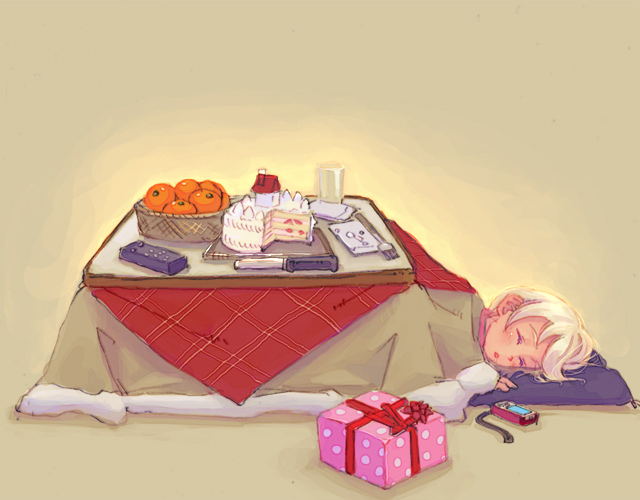 1girl cake cellphone food fruit gift kotatsu mandarin_orange orange original pastry phone sleeping solo table weno weno's_blonde_original_character