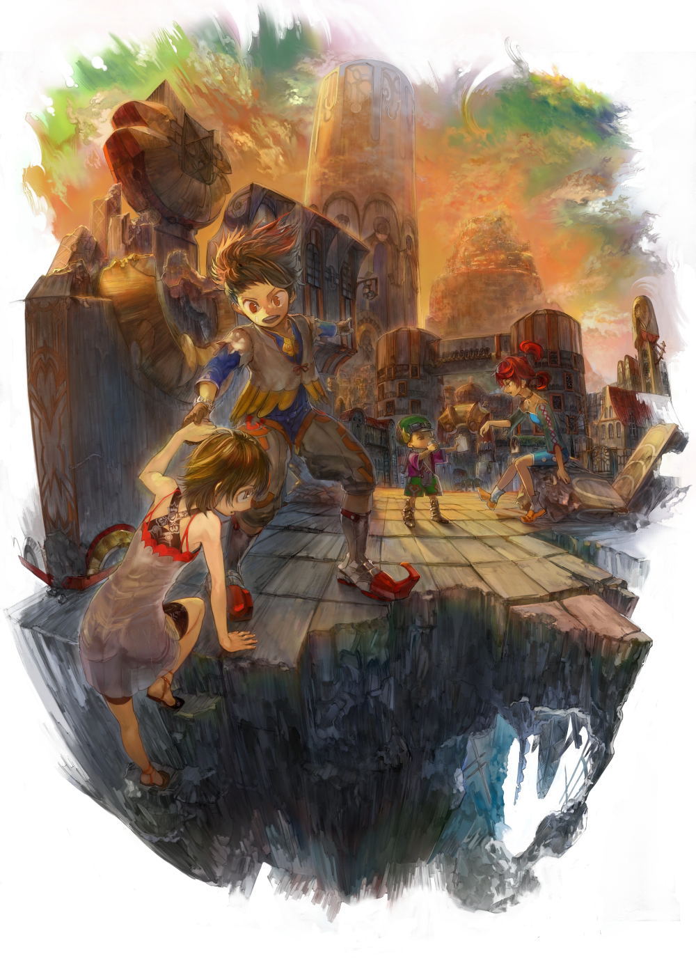 2boys 2girls climbing fantasy highres multiple_boys multiple_girls ruins taiki_(luster)