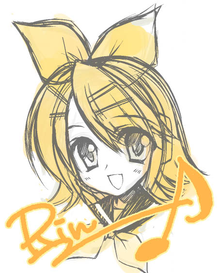1girl :d bangs blonde_hair blouse bow character_name hair_bow hair_ornament hairclip headphones kagamine_rin musical_note open_mouth portrait quaver rei_(artist) rei_(rei's_room) ribbon sailor_collar short_hair signature simple_background sketch smile solo swept_bangs vocaloid white_background white_blouse yellow_ribbon