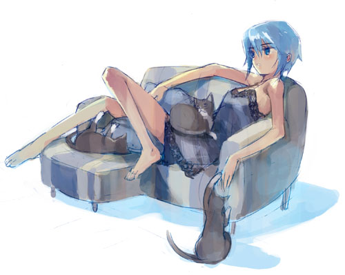 1girl 2no barefoot blue_eyes blue_hair cat couch feet flat_chest lingerie lowres nightgown ninomoto sketch solo underwear