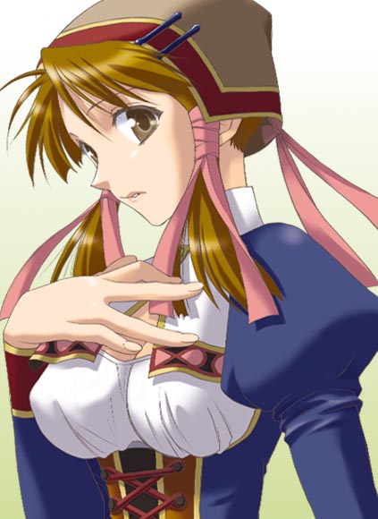 1girl atelier_(series) atelier_lilie bangs breasts brown_eyes brown_hair cleavage cleavage_cutout corset female gradient gradient_background gust hair_ribbon hand_on_own_chest hat large_breasts lilie_(atelier) looking_at_viewer looking_back profile ribbon short_hair sidelocks solo turtleneck upper_body