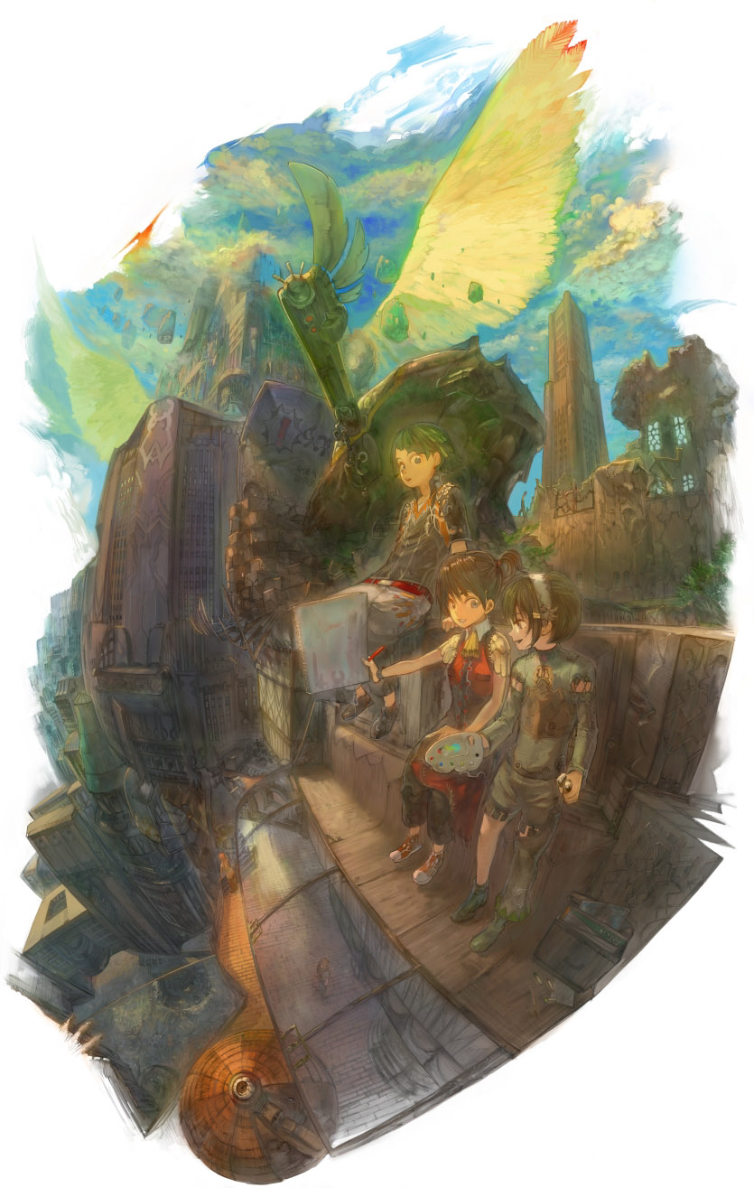 1girl 2boys architecture brown_hair day fantasy full_body glasses highres long_sleeves multiple_boys outdoors painting palette plant red-framed_glasses ruins scenery sitting taiki_(luster) tree