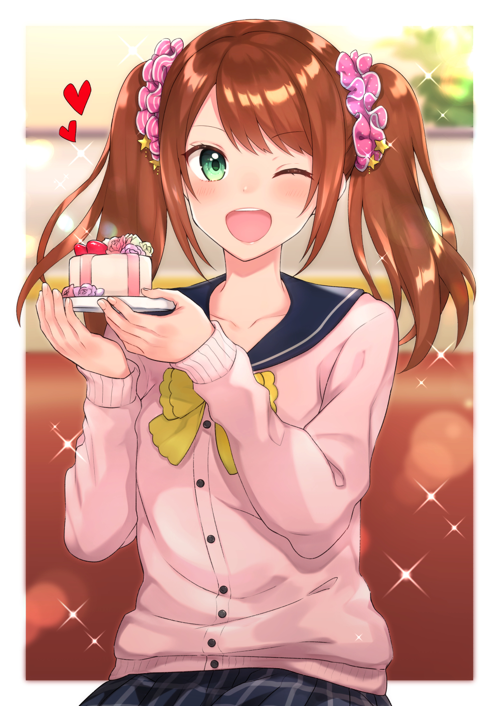 1boy ;d akariko_(akaringo) bangs black_skirt blurry blurry_background blush bow bowtie brown_hair buttons cake cardigan collarbone commentary_request couch crossdressinging eyebrows_visible_through_hair flower food fruit green_eyes hair_ornament hair_scrunchie heart highres holding holding_plate idolmaster idolmaster_side-m indoors long_hair long_sleeves looking_at_viewer male_focus mizushima_saki one_eye_closed open_mouth outside_border pink_cardigan pink_flower pink_scrunchie plaid plaid_skirt plate polka_dot polka_dot_scrunchie school_uniform scrunchie serafuku shiny shiny_hair sidelocks sitting skirt smile solo sparkle star star_hair_ornament strawberry striped striped_scrunchie swept_bangs trap twintails white_border yellow_neckwear