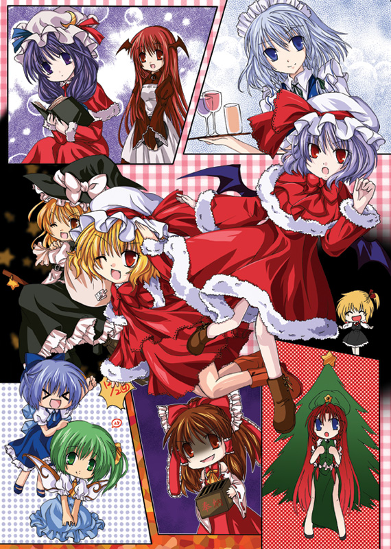 &gt;:) &gt;_&lt; 6+girls :d :o ;d ^_^ alternate_costume bag bat_wings beret blonde_hair blue_eyes blue_hair book bow box broom broom_riding brown_hair capelet chibi christmas christmas_tree cirno closed_eyes crescent daiyousei donation_box everyone evil_grin evil_smile fairy_wings female flandre_scarlet green_eyes green_hair grin hakurei_reimu hat hat_bow hat_ribbon head_wings hong_meiling izayoi_sakuya kirisame_marisa koakuma long_hair maid maid_headdress mob_cap multiple_girls oekaki one_eye_closed open_mouth outstretched_arms patchouli_knowledge purple_hair red_eyes redhead remilia_scarlet ribbon rumia sack santa_costume shaded_face side_ponytail silver_hair smile spread_arms star the_embodiment_of_scarlet_devil touhou tray v_arms very_long_hair violet_eyes wings wink witch_hat x20285 xd youkai