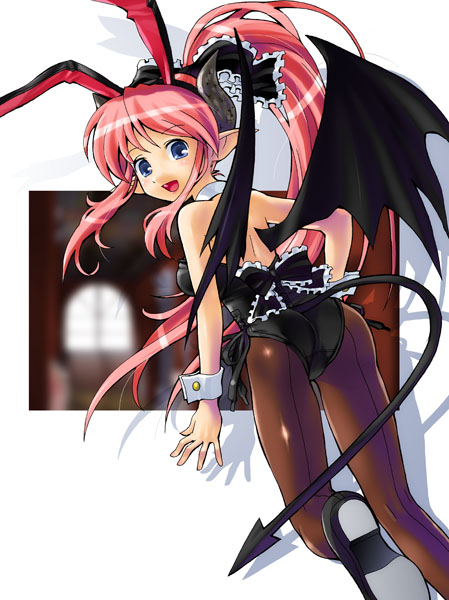 1girl animal_ears ass back bangs bare_shoulders bat_wings black_shoes blue_eyes bow brown_legwear bunny_girl bunnysuit cropped_legs headdress horns katahira_masashi long_hair long_ponytail looking_at_viewer looking_back open_mouth pantyhose pink_hair pointy_ears ponytail rabbit_ears shoes smile solo tail wings wrist_cuffs